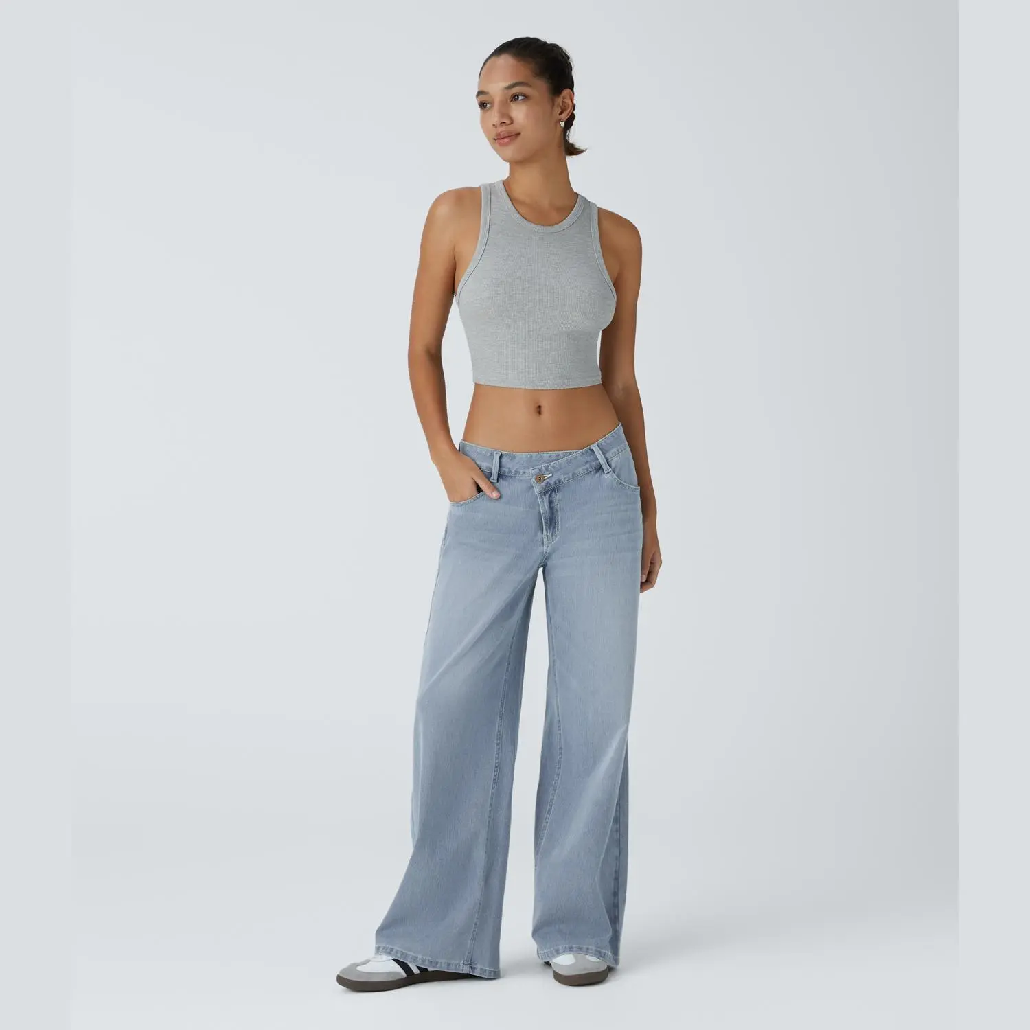 Wide-leg jeans styled on a model