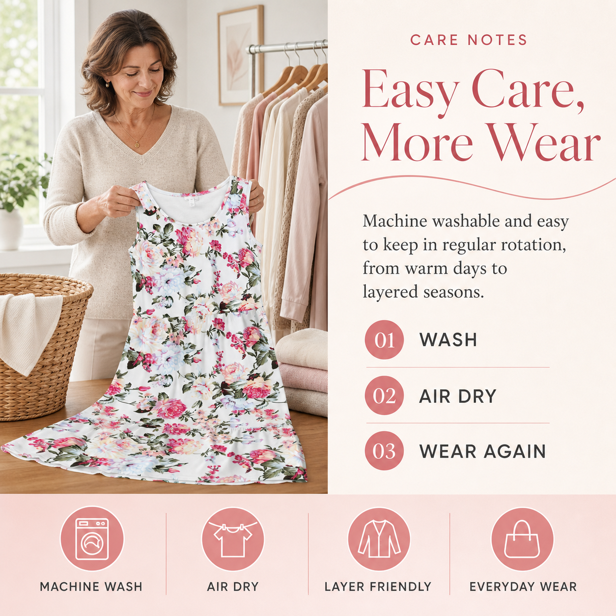 Women's floral maxi dress machine wash and air dry care guide