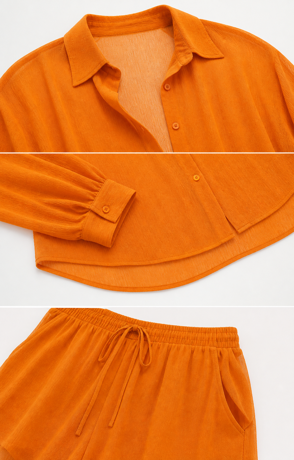 Orange set close-up showing fabric, collar, cuff, waistband and pocket