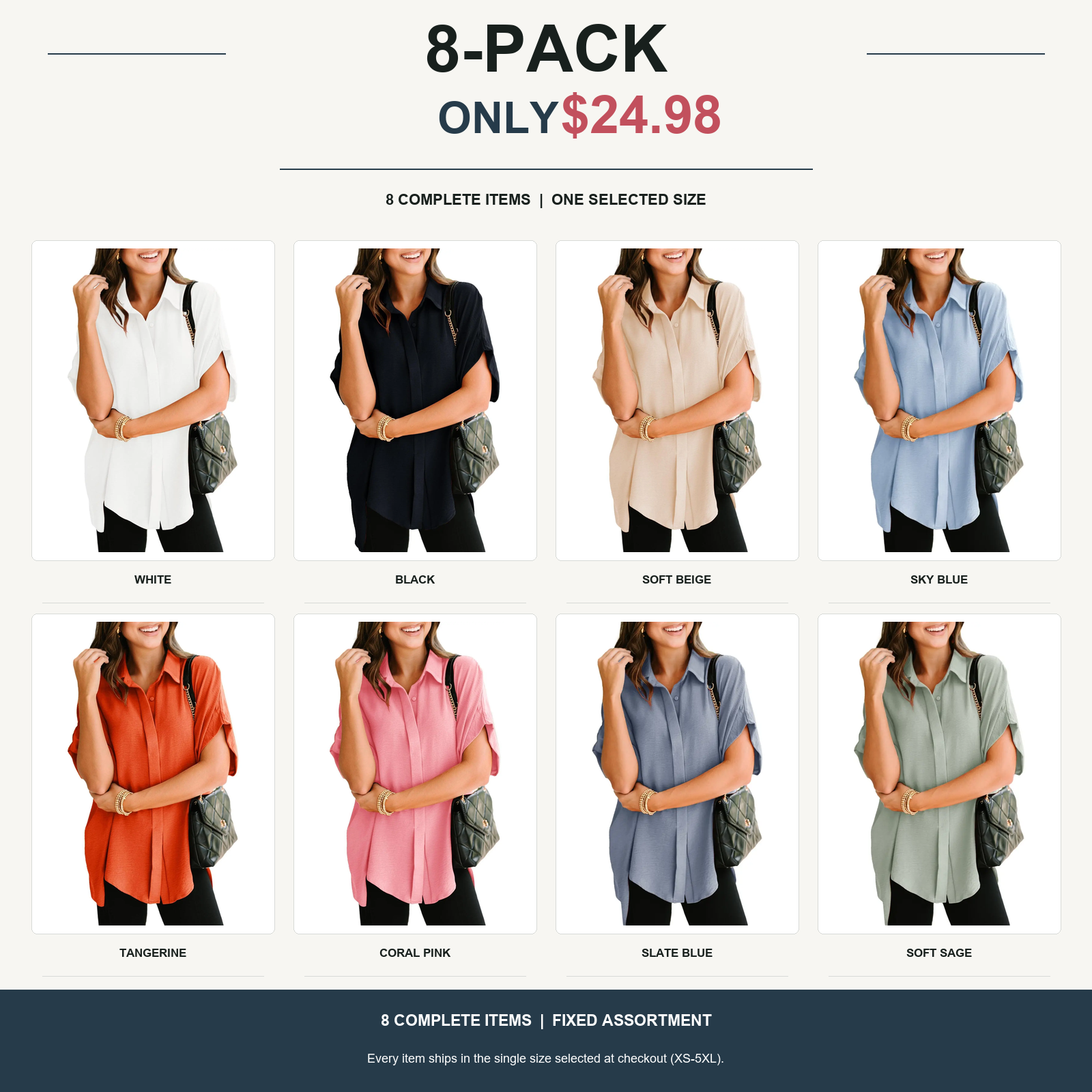 8-pack oversized v-neck button shirt with eight complete items