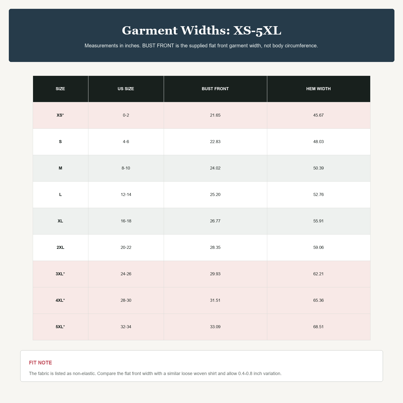 Garment Widths: XS-5XL