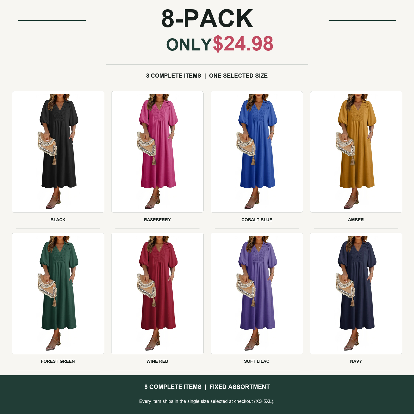 8-pack smocked v-neck midi dress with eight complete items