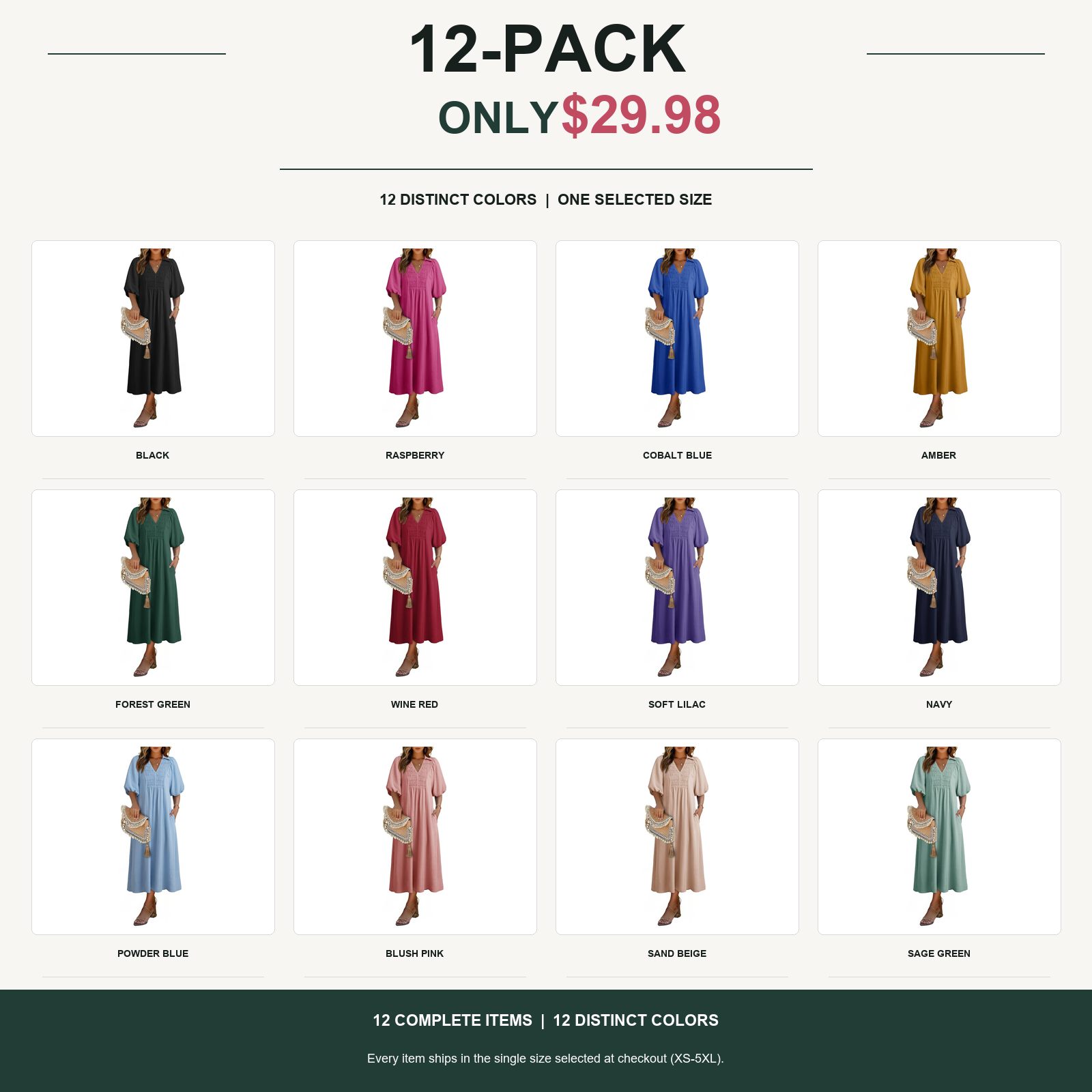 12-pack smocked v-neck midi dress with twelve complete items