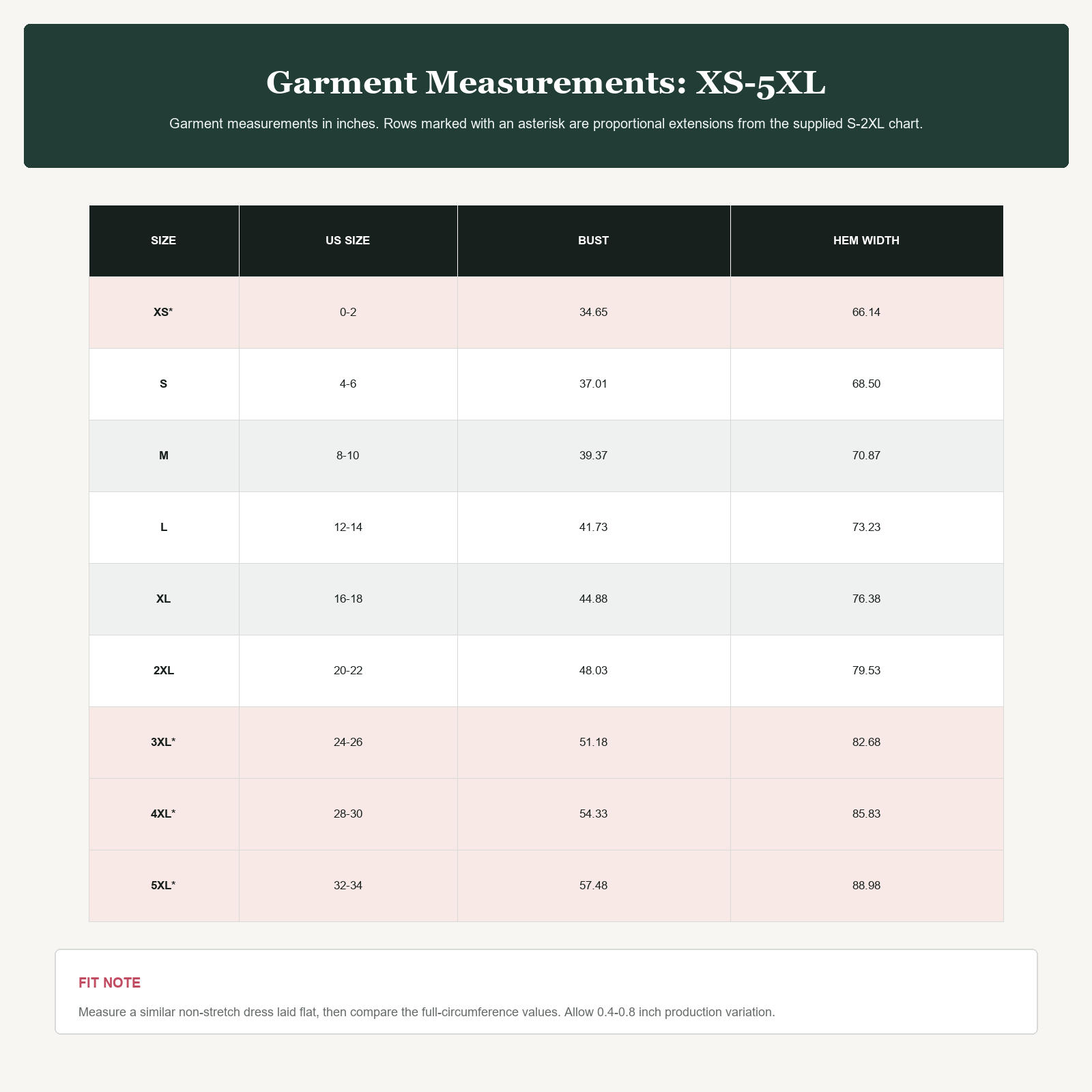 Garment Measurements: XS-5XL