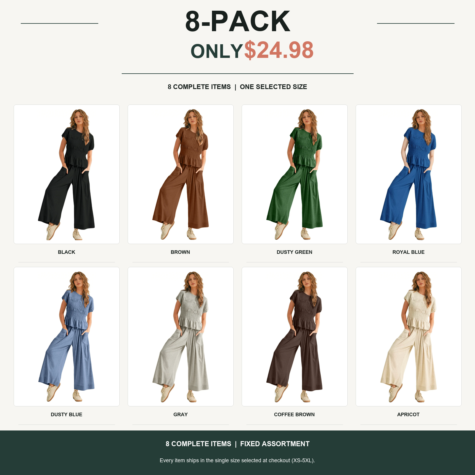 8-pack smocked two-piece lounge set with eight complete items