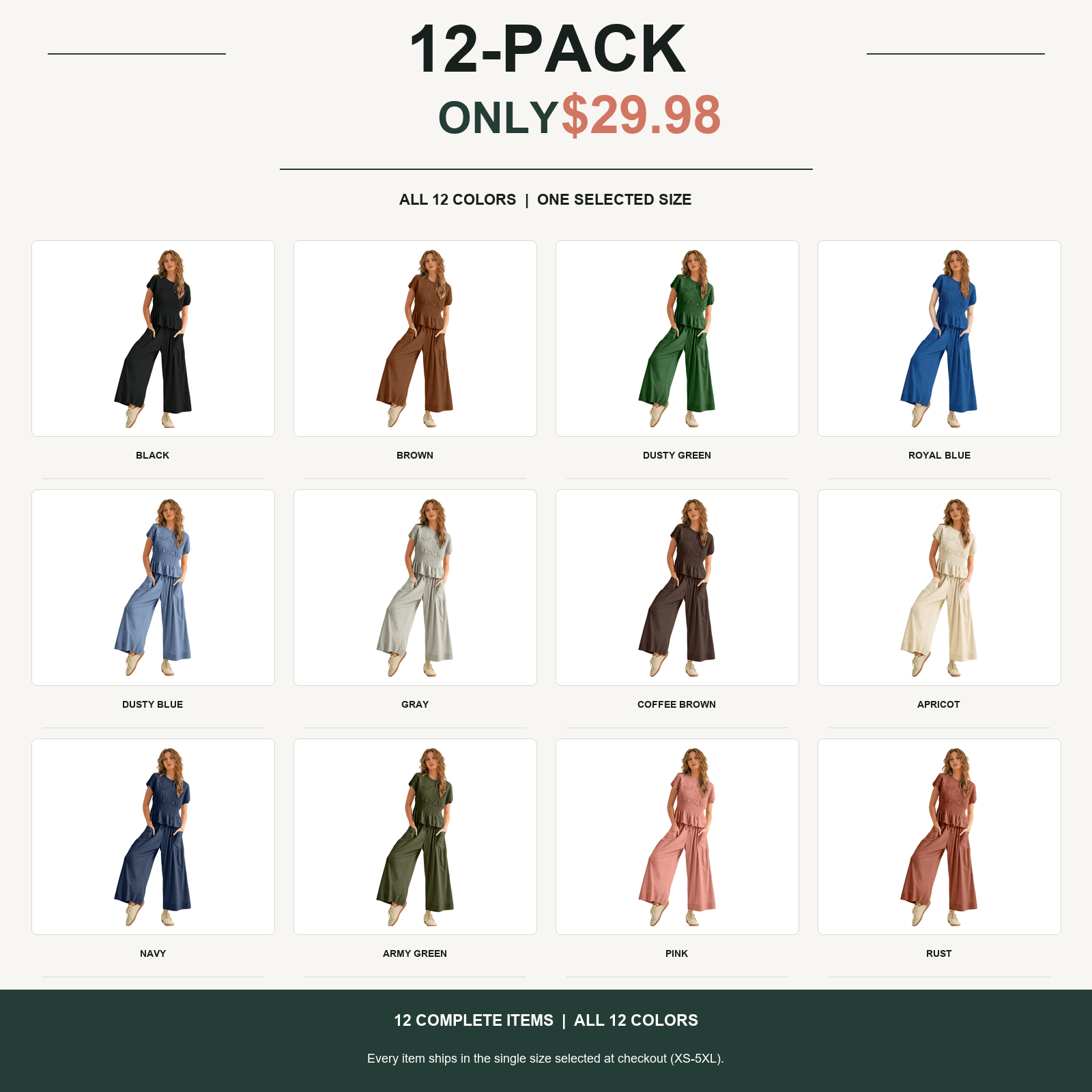 12-pack smocked two-piece lounge set with twelve complete items