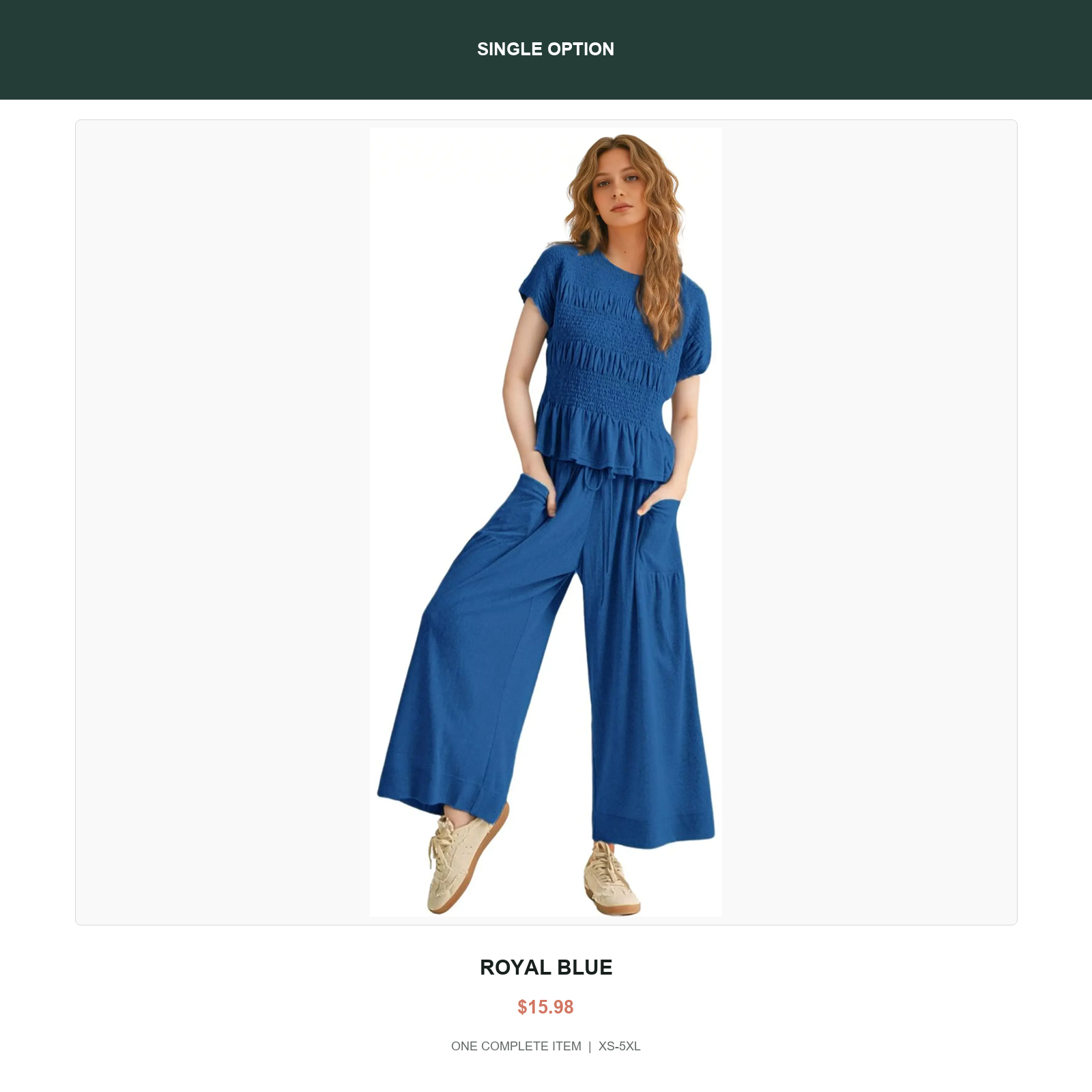 Single smocked two-piece lounge set in Royal Blue