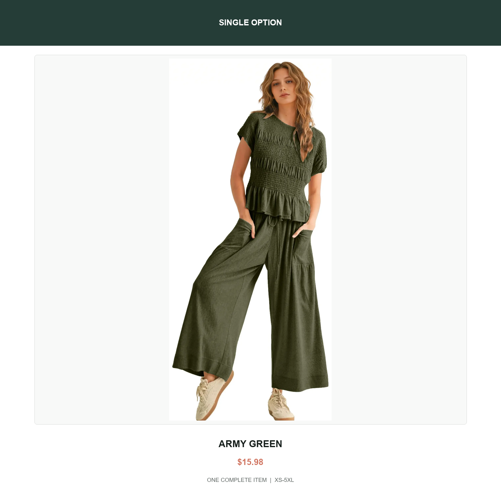 Single smocked two-piece lounge set in Army Green