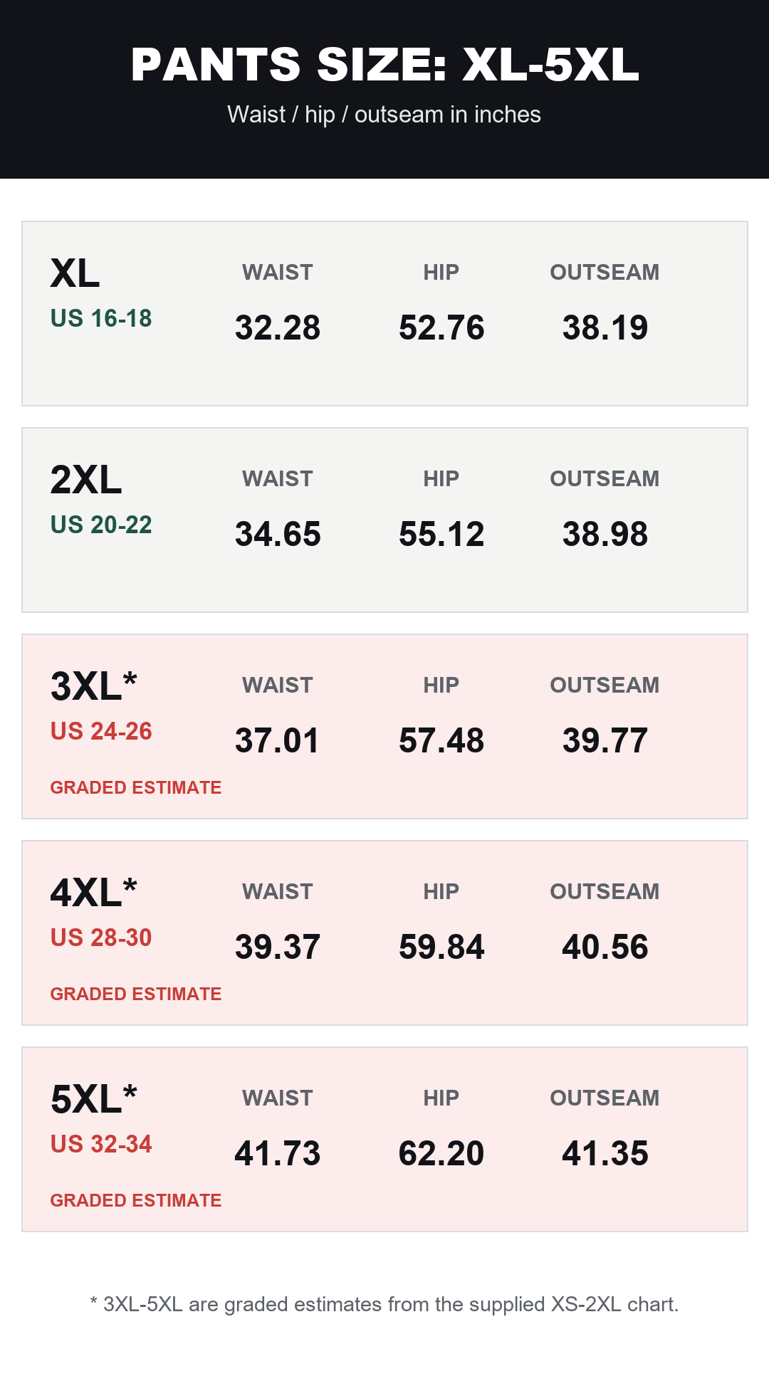 Wide-leg pants final size guide XL through 5XL with US sizes