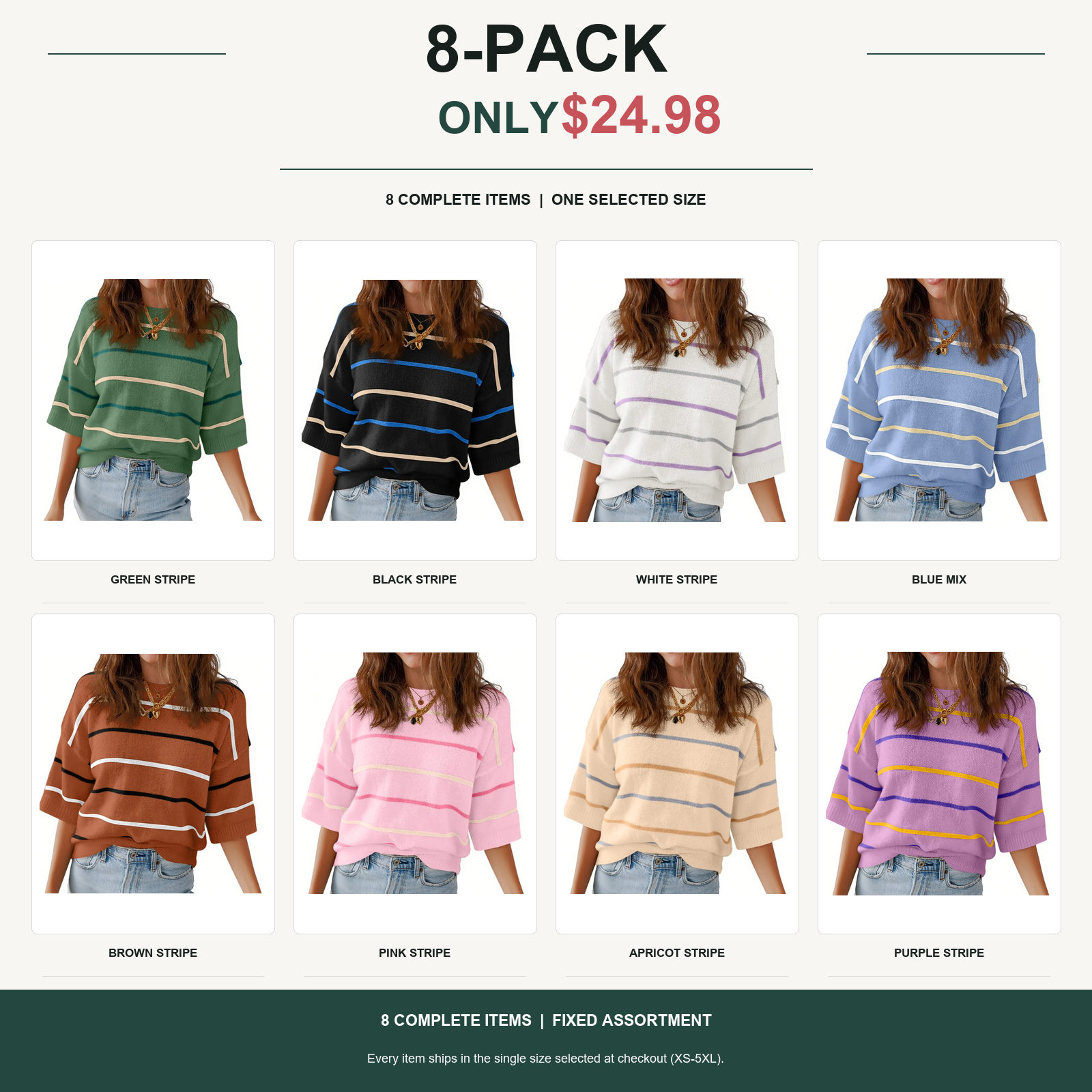 8-pack relaxed stripe knit top with eight complete items