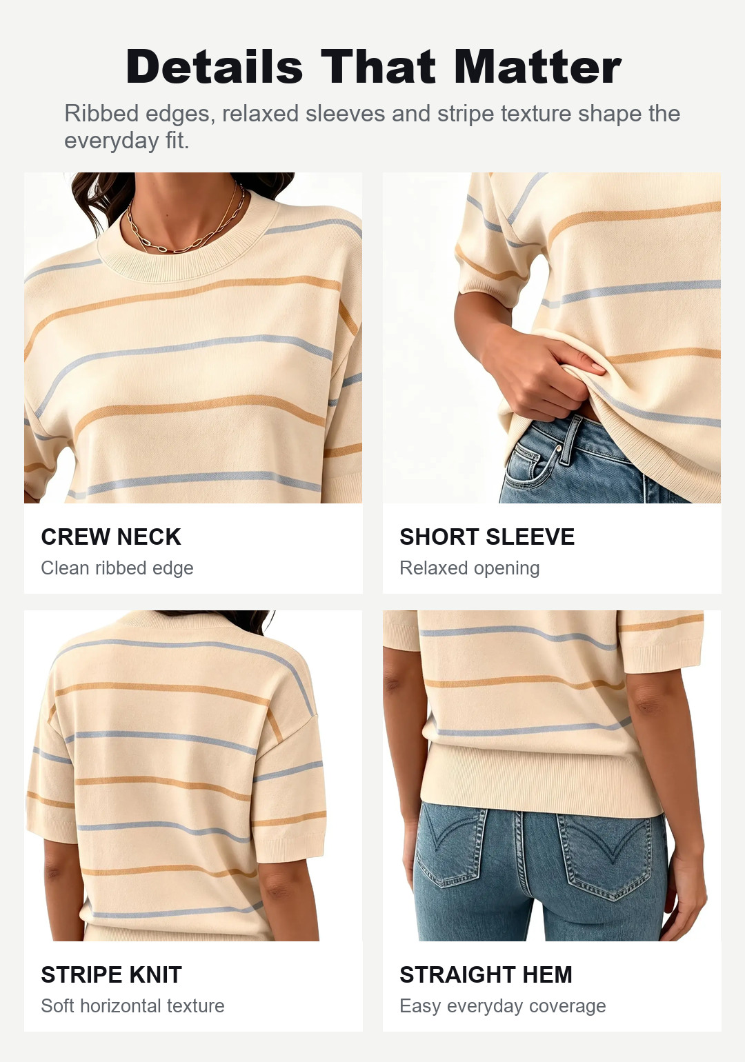 Stripe knit final neckline sleeve texture and hem details