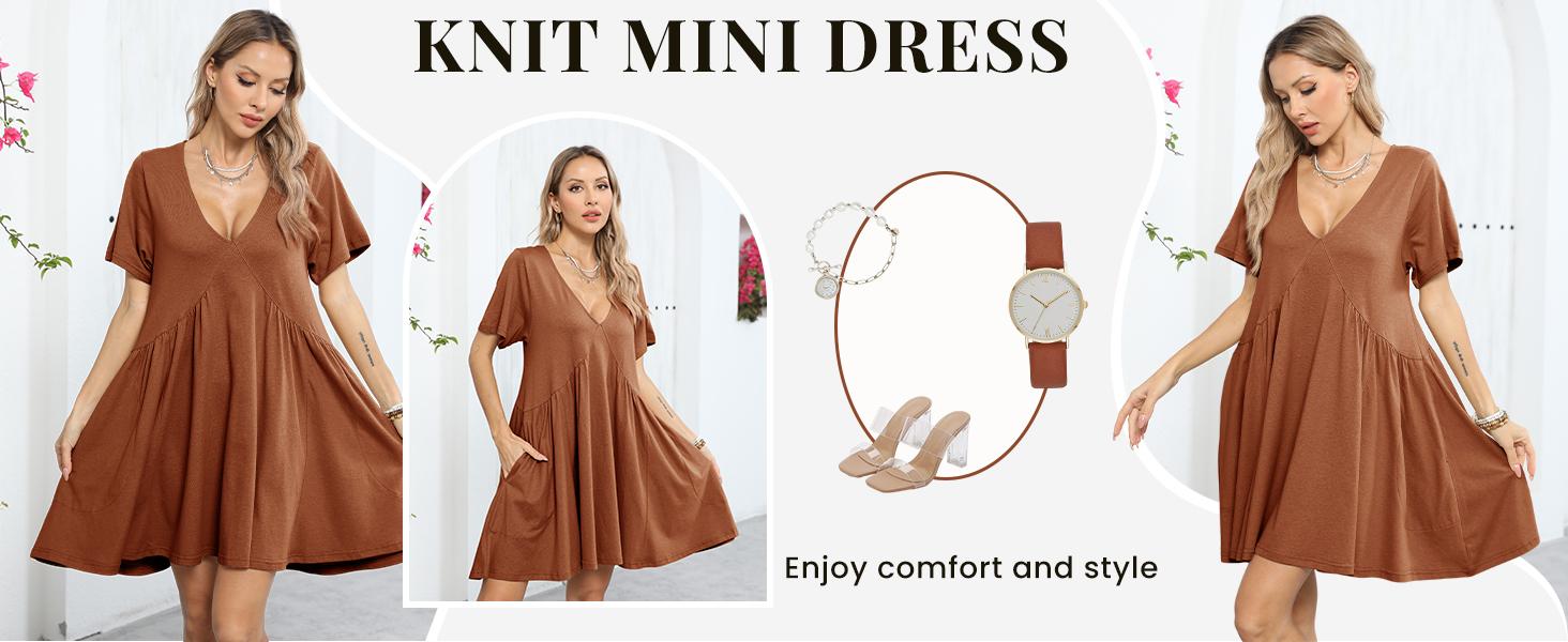 SCUSTY Women's Summer Summervibes Mini Dress Casual Short Sleeve Loose V Neck Flowy Sundress Vacation Tshirt Sun Dress