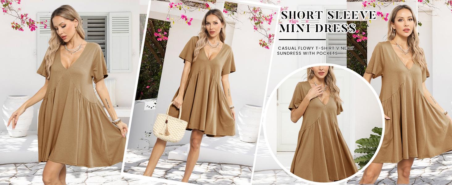 SCUSTY Women's Summer Summervibes Mini Dress Casual Short Sleeve Loose V Neck Flowy Sundress Vacation Tshirt Sun Dress