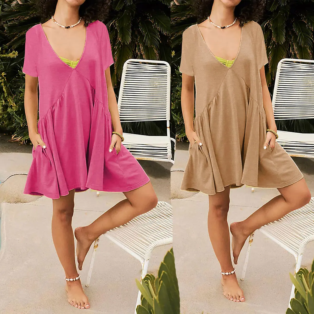 Women's Summer Mini Dress - Casual V Neck Sundress