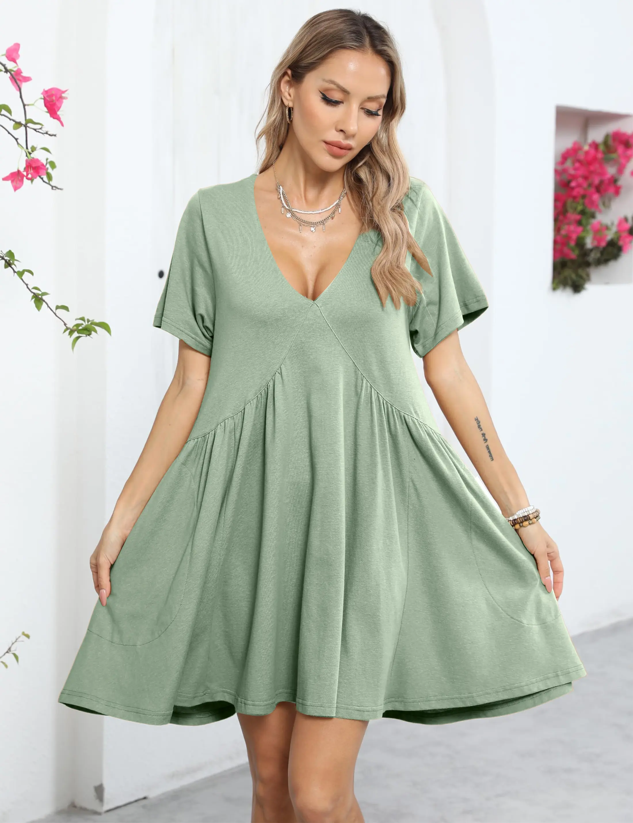 Women's Summer Mini Dress - Casual V Neck Sundress