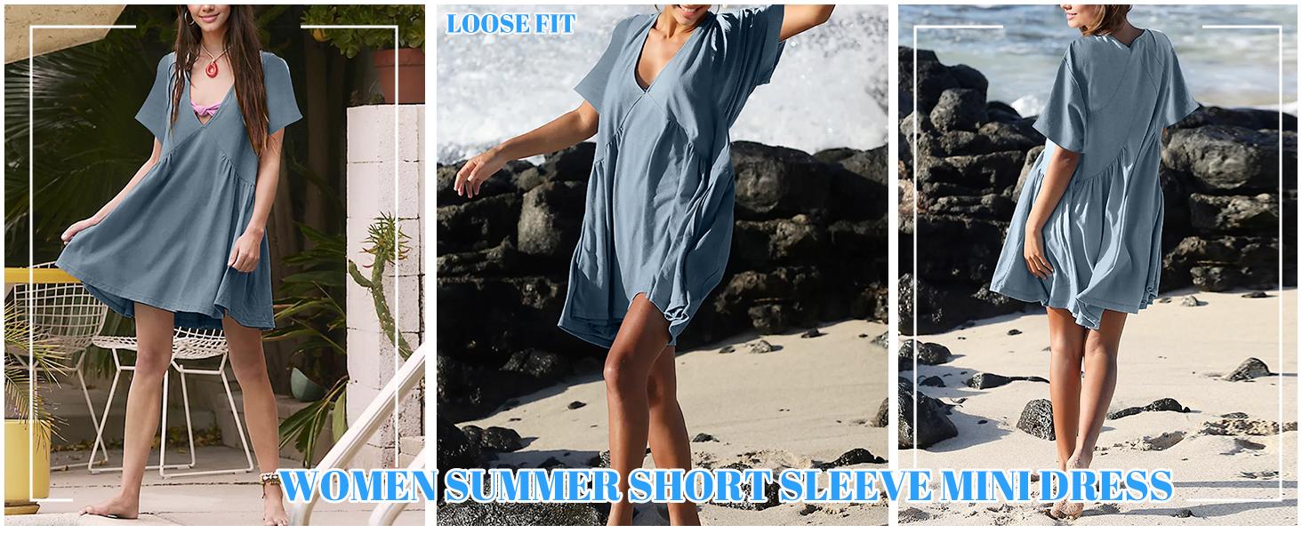 SCUSTY Women's Summer Summervibes Mini Dress Casual Short Sleeve Loose V Neck Flowy Sundress Vacation Tshirt Sun Dress