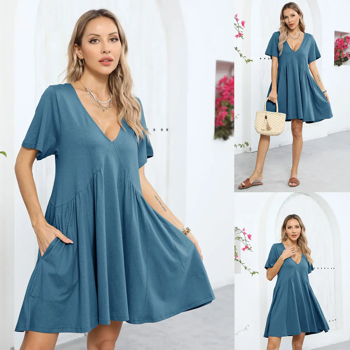Women's Summer Mini Dress - Casual V Neck Sundress