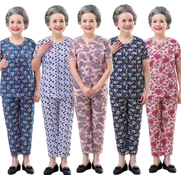 Elderly women's 60-70 year old summer suit short sleeved grandmother summer suit two-piece set 80 year old women's clothing