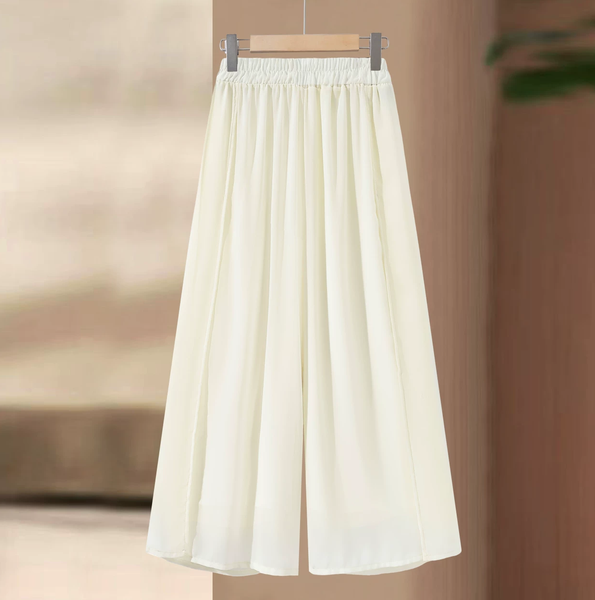 Mother's Summer New Arrival Chiffon Wide Leg Pants for Middle-aged and Senior Women: White Loose Fit Straight Leg Elastic Waistline Flattering Skirt Pants