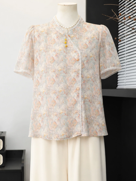 Mom's new summer outfit, new Chinese style short sleeved shirt, middle-aged and elderly women's clothing, chiffon T-shirt, small shirt, Chinese style top