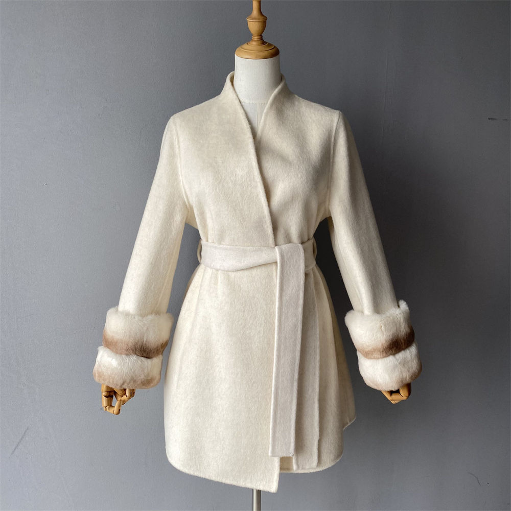 Elegant Fuzzy Real Rabbit Fur Cuffs Double Faced Wool Long Coat  2PCS