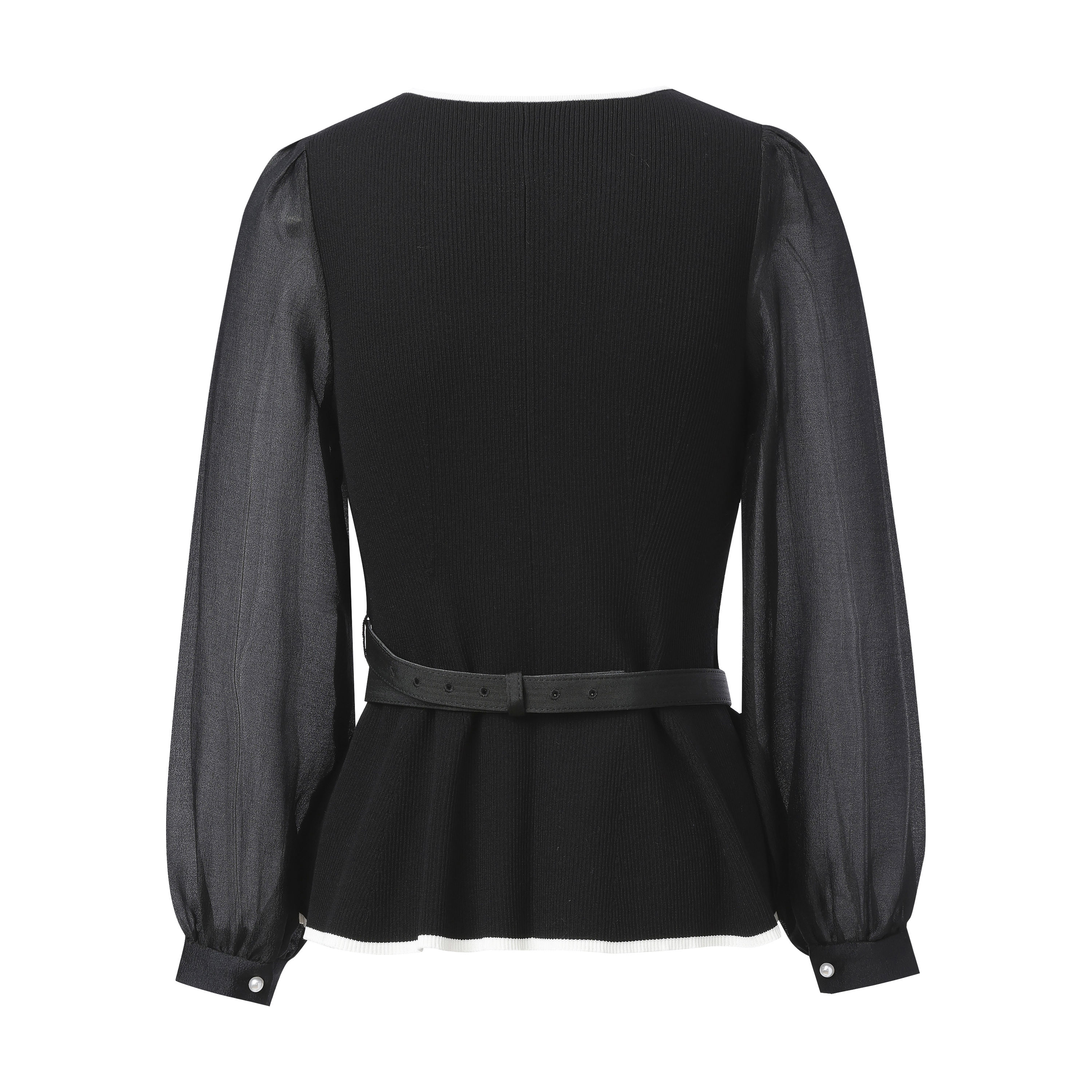 Women Elegant Tweed Knit Blouse Sheer Mesh Puff Long Sleeve Round Neck Contrast White Trim Pearl Button Belted Waist Peplum Top 15PCS  331