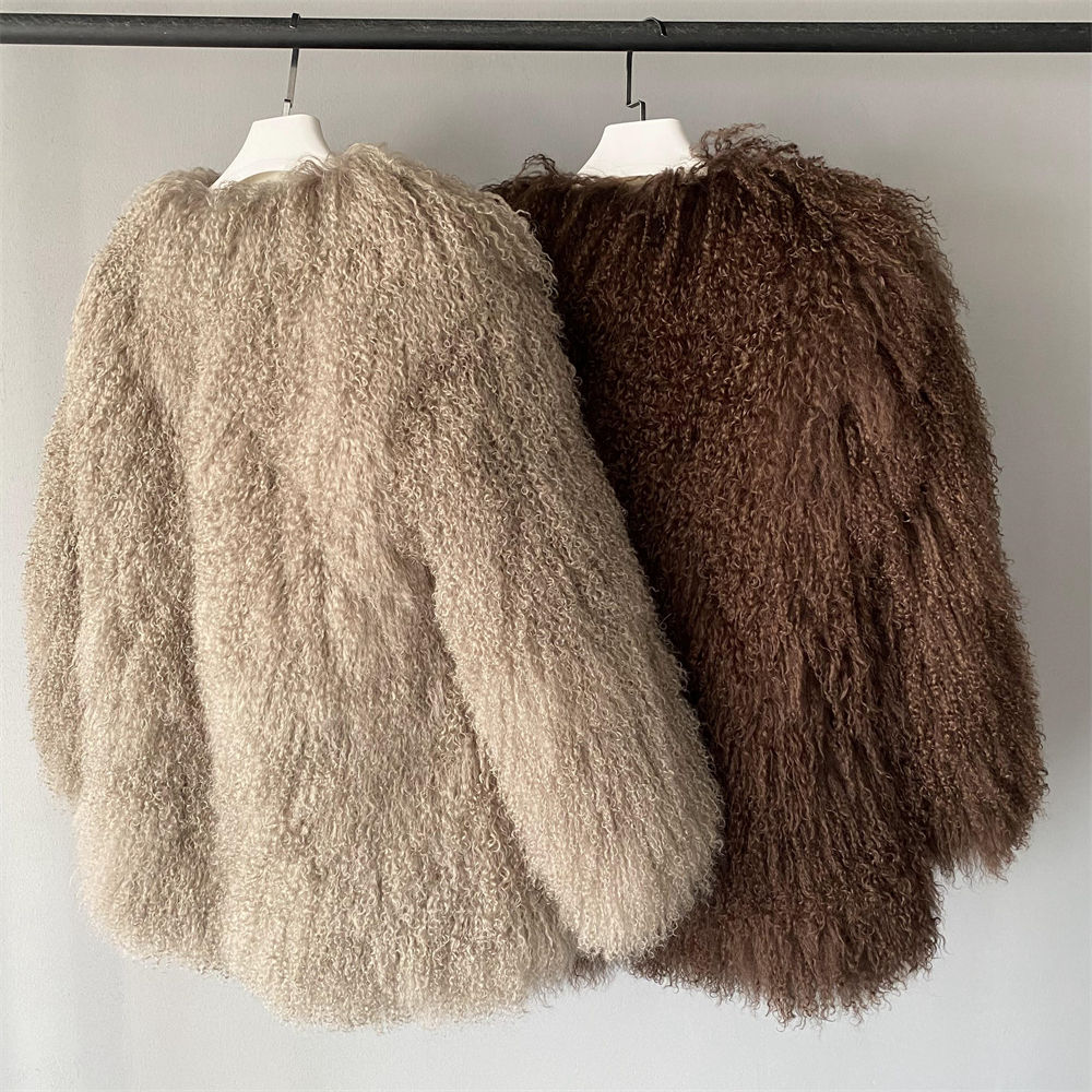 Winter Casual Fluffy O Neck Thick Warm Soft Real Mongolian Fur Coat Women 5PCS