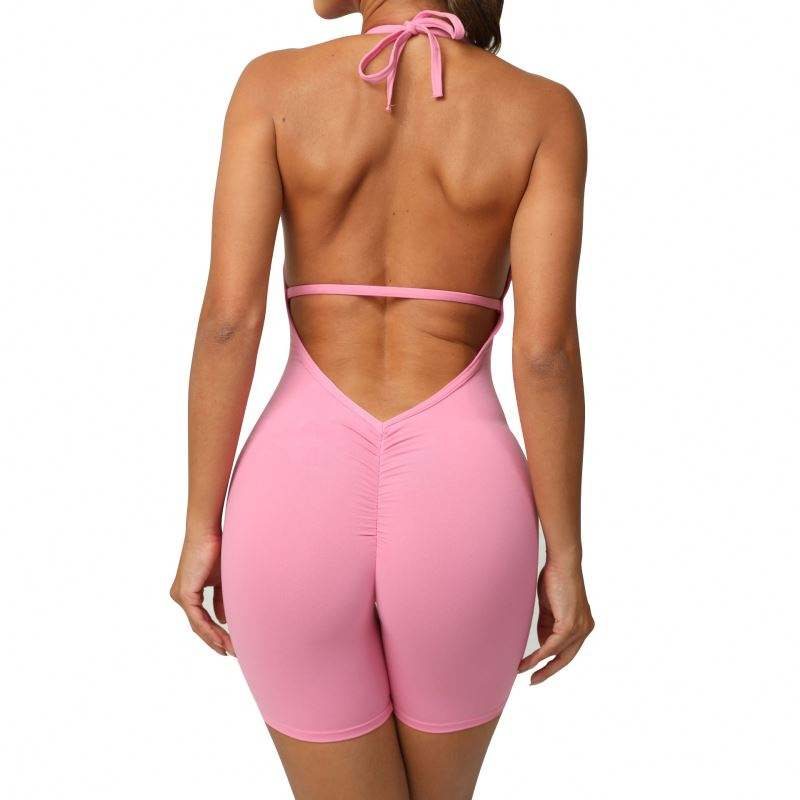 Women Sexy Stretch Compression Lightweight Halter Neck Scrunch Yoga Bodysuit 