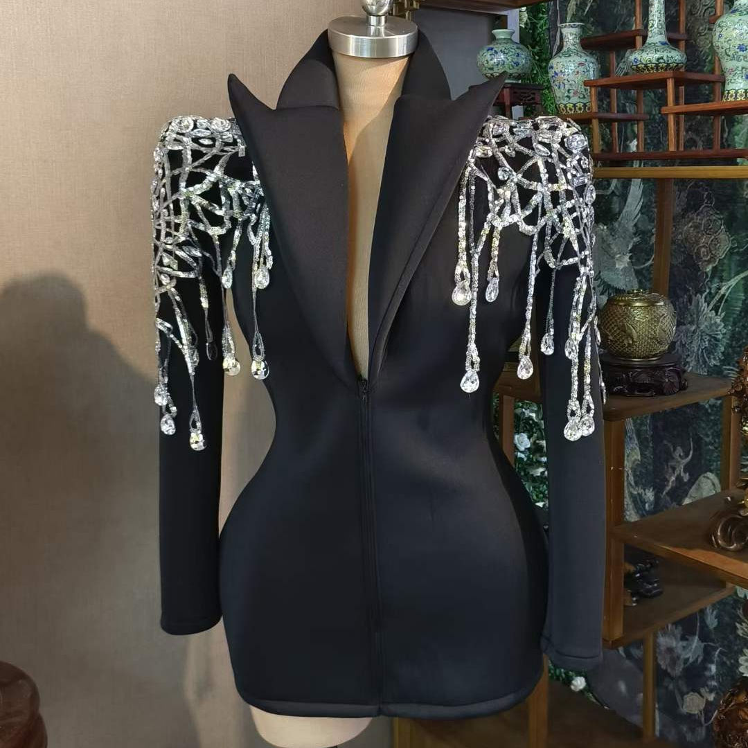 Women Exaggerated Stand Collar Padded Shoulder Sequin Jacket Women's Luxury Coat With Diamonds 10 PCS 539