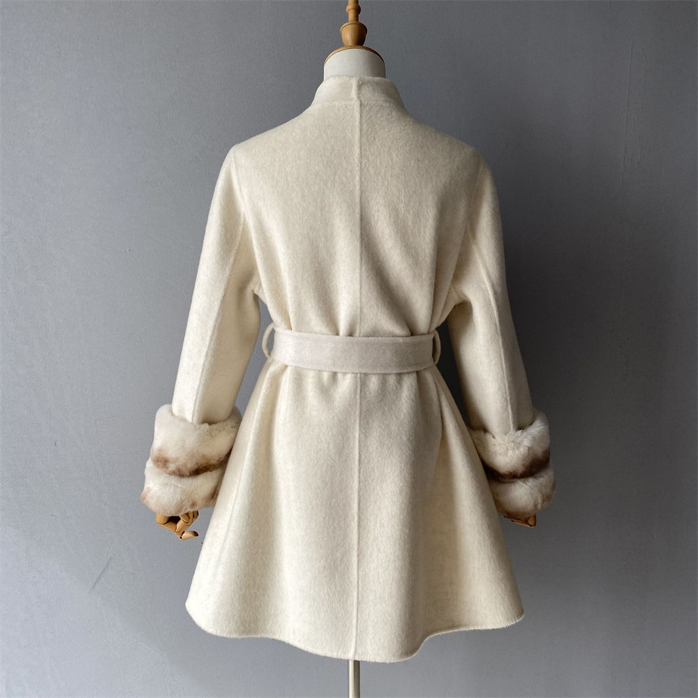 Elegant Fuzzy Real Rabbit Fur Cuffs Double Faced Wool Long Coat  2PCS