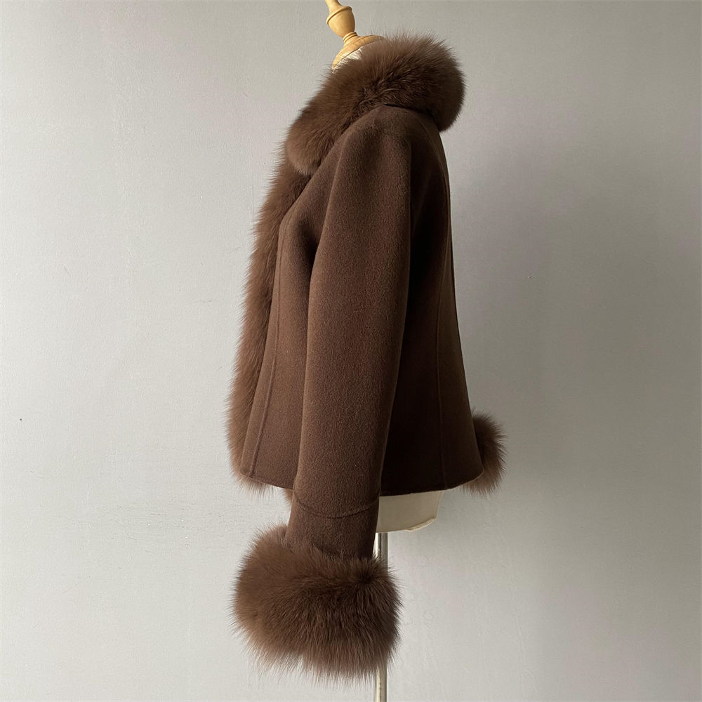Woolen Coat Elegant Big Real Fox Fur MOQ 2pcs
