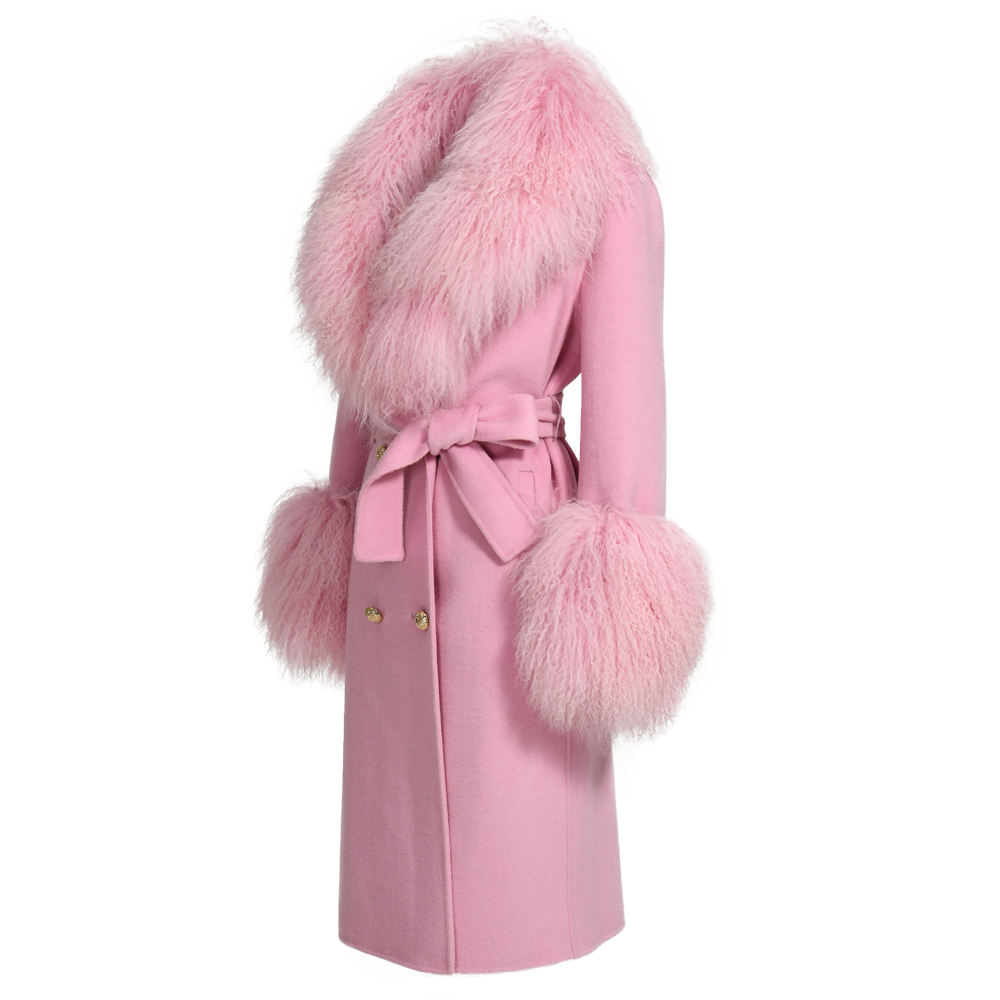 Cashmere Trench Coat Real Mongolian Lamb Fur Collar Women Wool Long Coat 3PCS 354