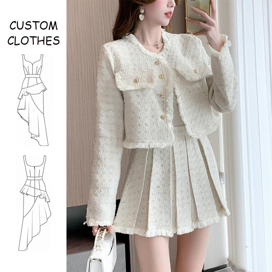  Crew Neck Button Blazer Mini Pleated Skirt New Luxury Tweed Suit 35PCS
