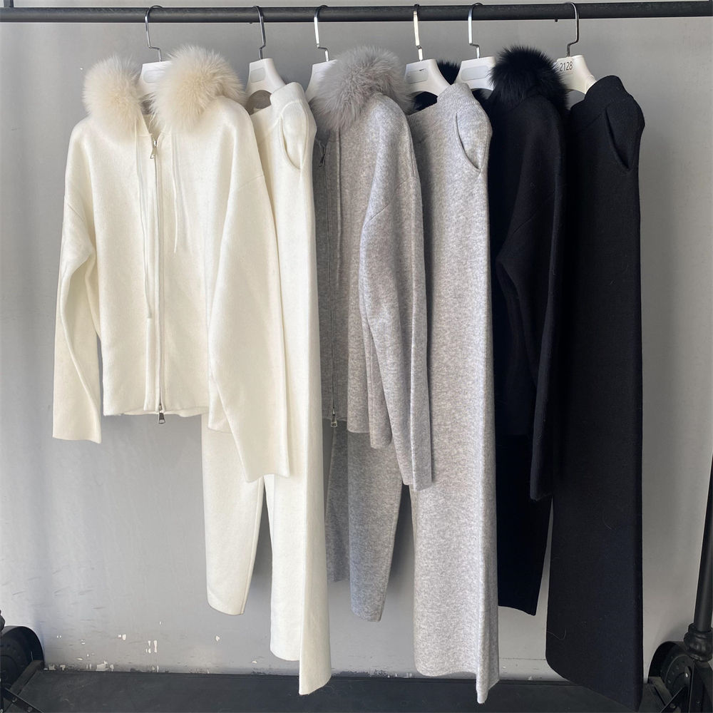 Luxury Real Fur Collar Cardigan Knitwear Long Wide Leg Pants Two Pieces 5pcs