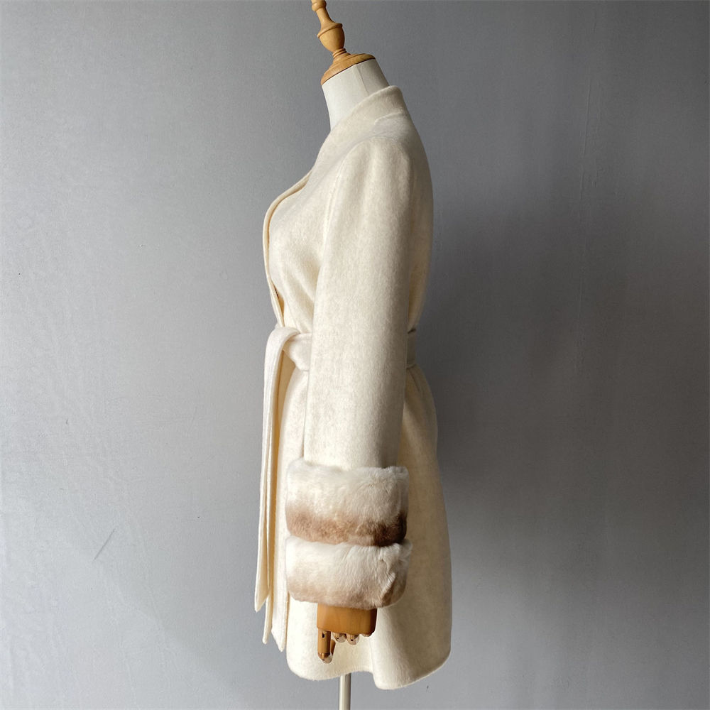 Elegant Fuzzy Real Rabbit Fur Cuffs Double Faced Wool Long Coat  2PCS