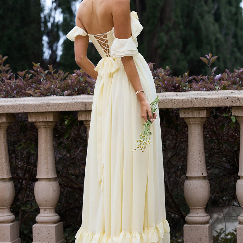  Elegant Off Shoulder Ruffle Chiffon Maxi Dress 10pcs