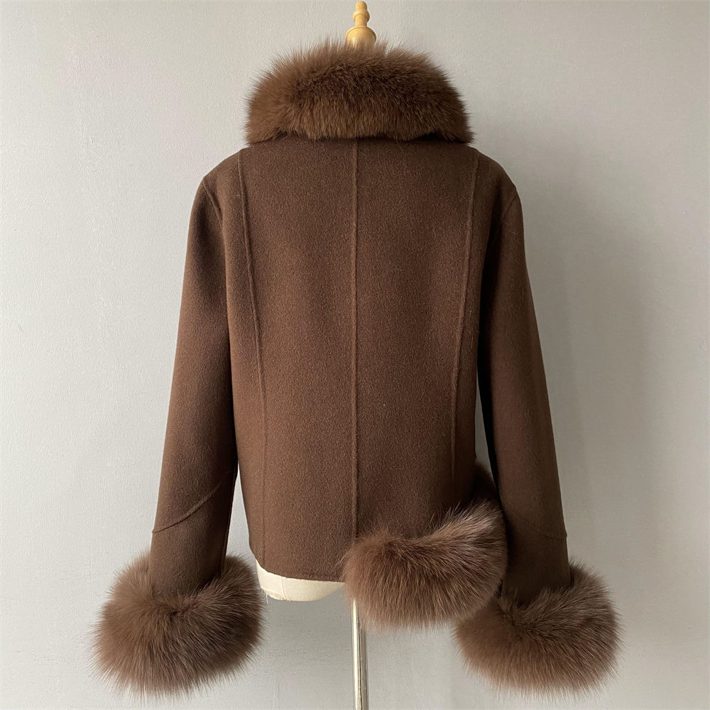 Woolen Coat Elegant Big Real Fox Fur MOQ 2pcs