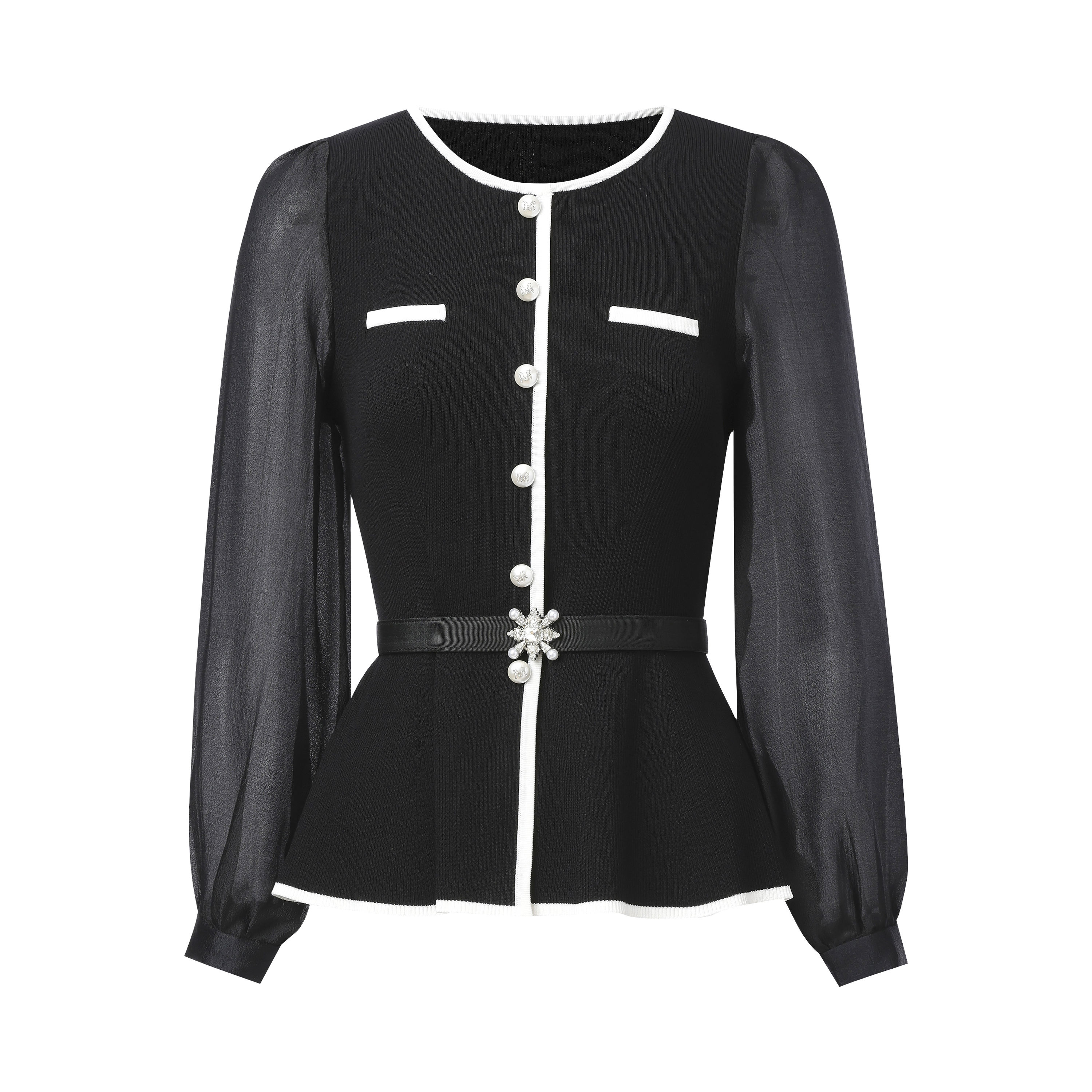 Women Elegant Tweed Knit Blouse Sheer Mesh Puff Long Sleeve Round Neck Contrast White Trim Pearl Button Belted Waist Peplum Top 15PCS  331