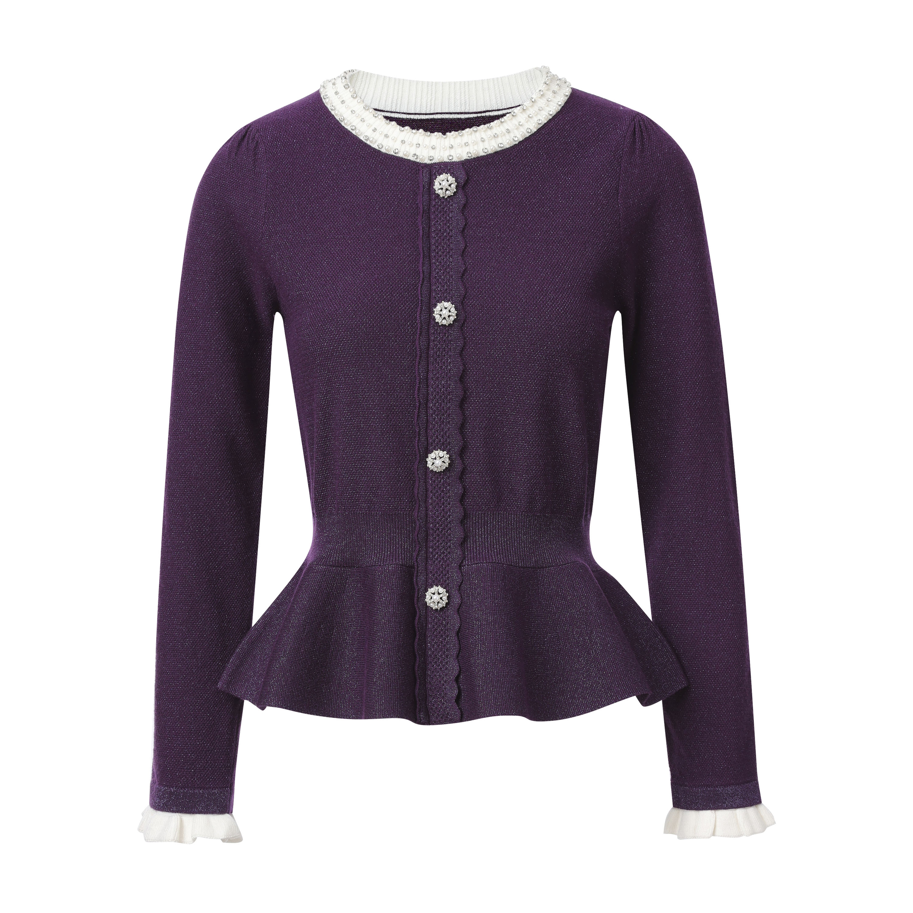 Navy Blue Knitted Jacket Women's Pearl Embellished Collar Peplum Sweater  10PCS 202