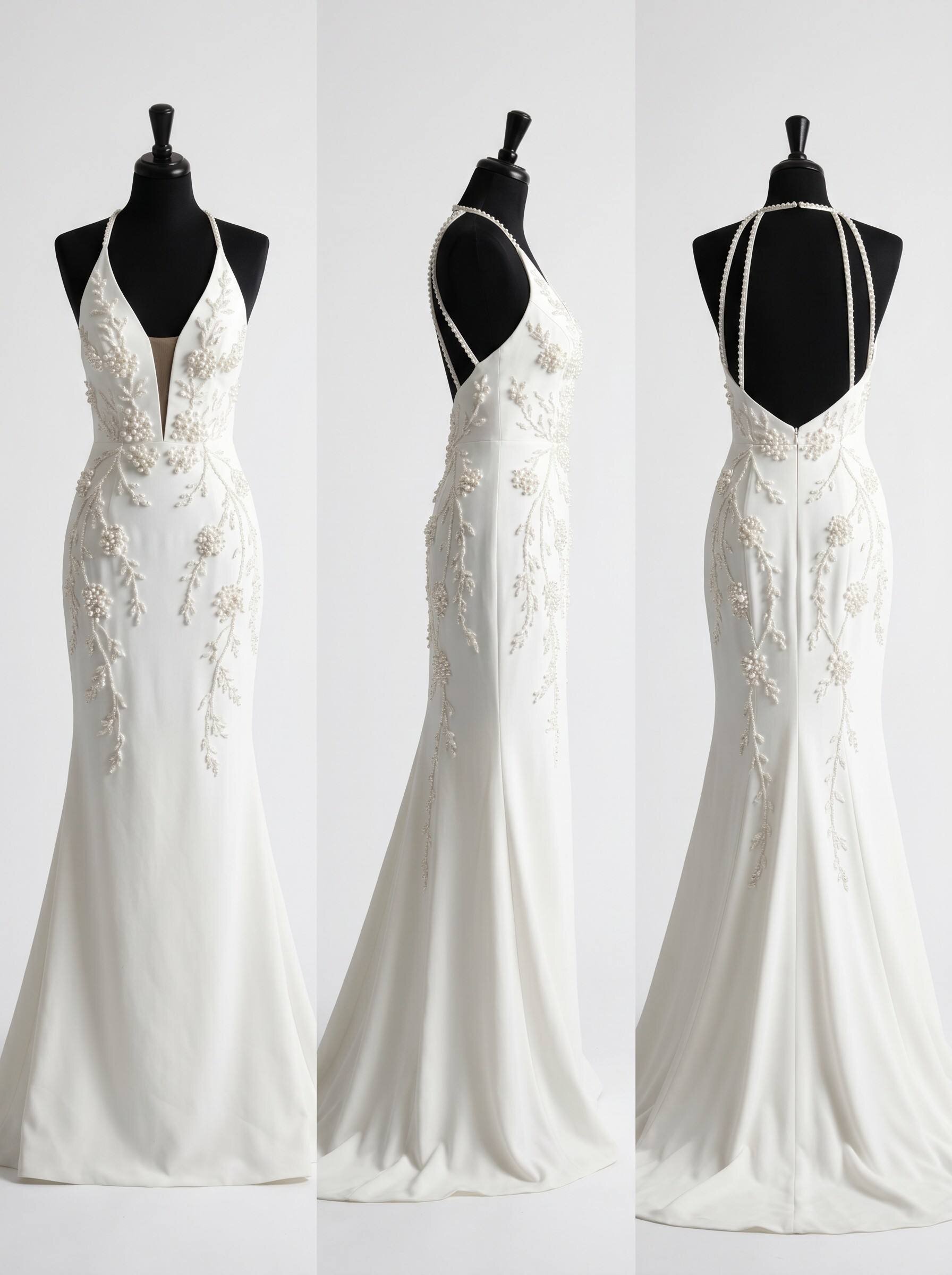 Women's White Pearl Beaded Mermaid Evening Gown moq4