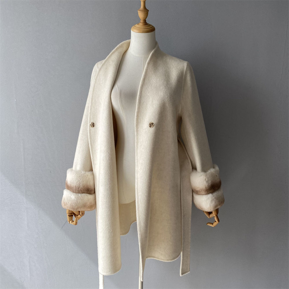 Elegant Fuzzy Real Rabbit Fur Cuffs Double Faced Wool Long Coat  2PCS