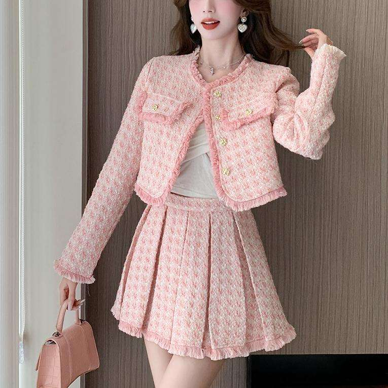  Crew Neck Button Blazer Mini Pleated Skirt New Luxury Tweed Suit 35PCS