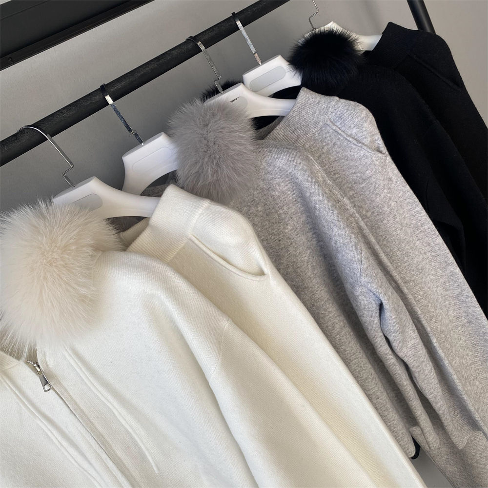 Luxury Real Fur Collar Cardigan Knitwear Long Wide Leg Pants Two Pieces 5pcs