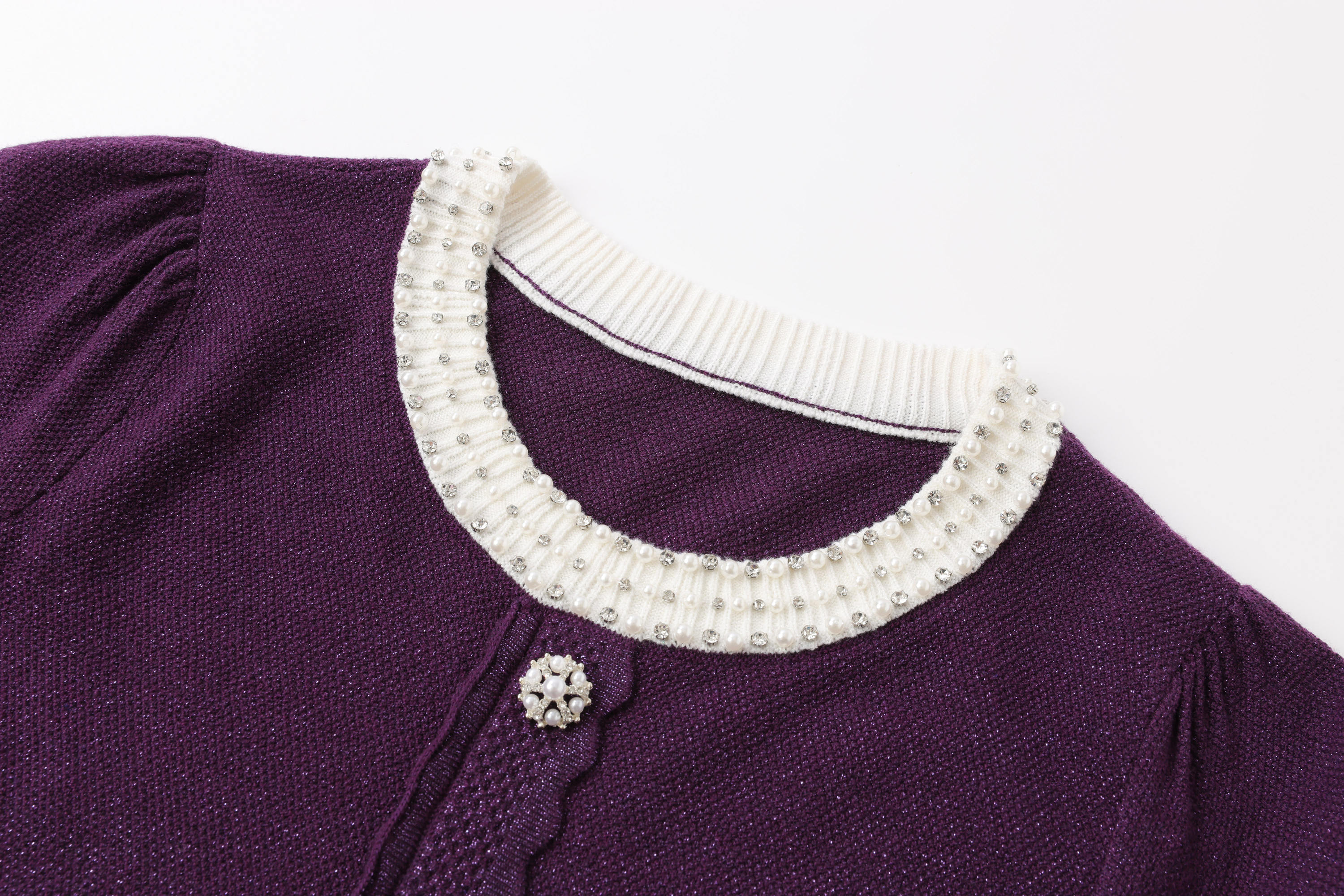 Navy Blue Knitted Jacket Women's Pearl Embellished Collar Peplum Sweater  10PCS 202