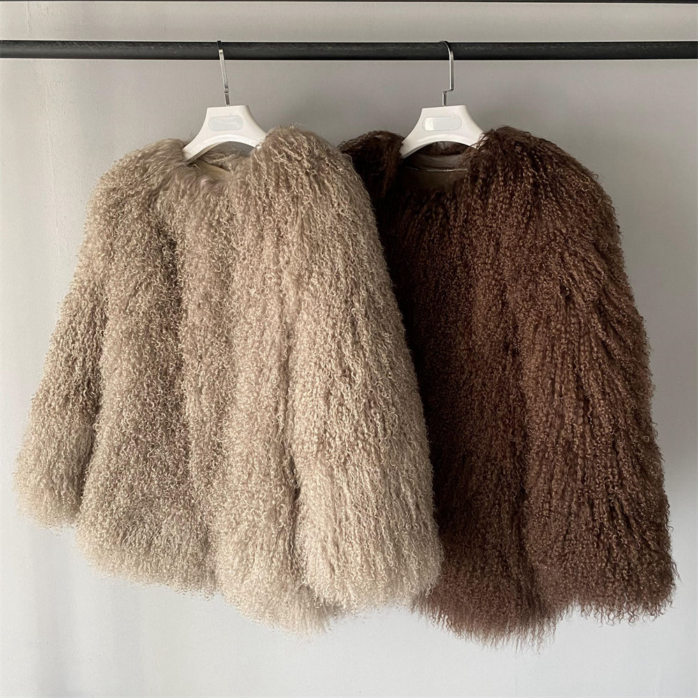 Winter Casual Fluffy O Neck Thick Warm Soft Real Mongolian Fur Coat Women 5PCS