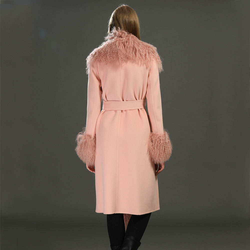 Elegant Soft Fluffy Real Mongolian Fur Trench Coat 2pcs