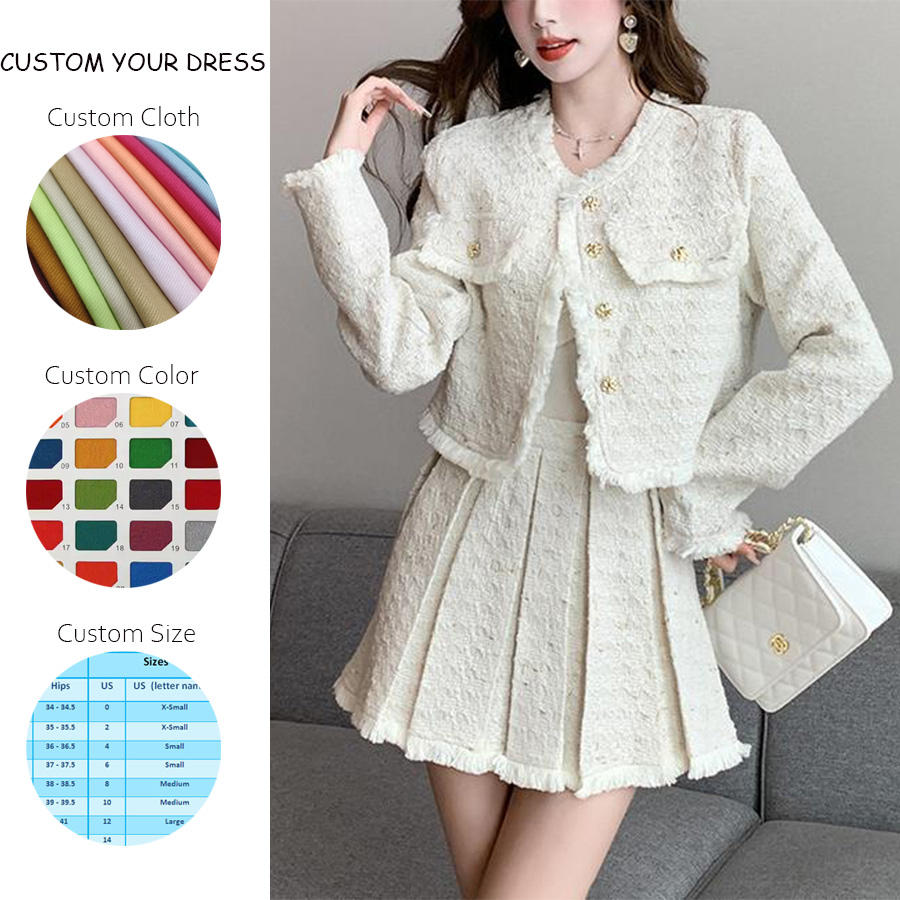  Crew Neck Button Blazer Mini Pleated Skirt New Luxury Tweed Suit 35PCS