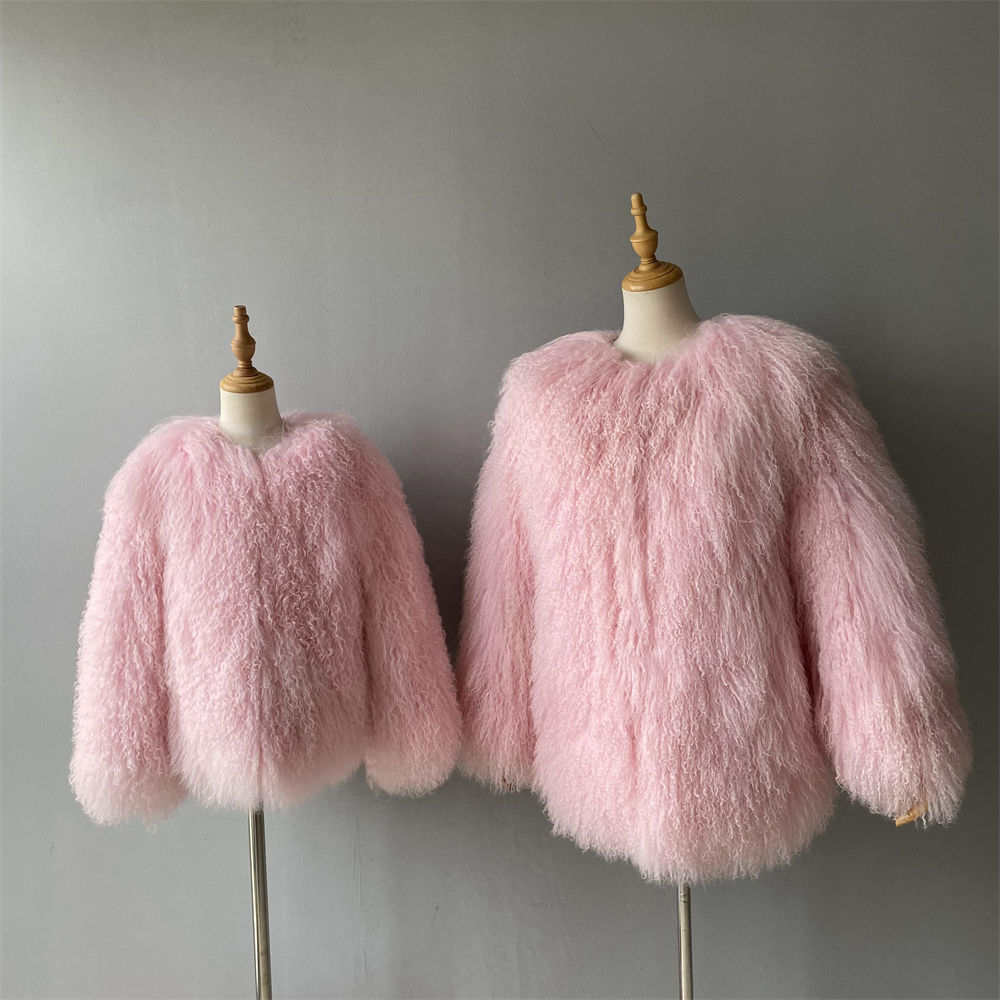 Winter Casual Fluffy O Neck Thick Warm Soft Real Mongolian Fur Coat Women 5PCS