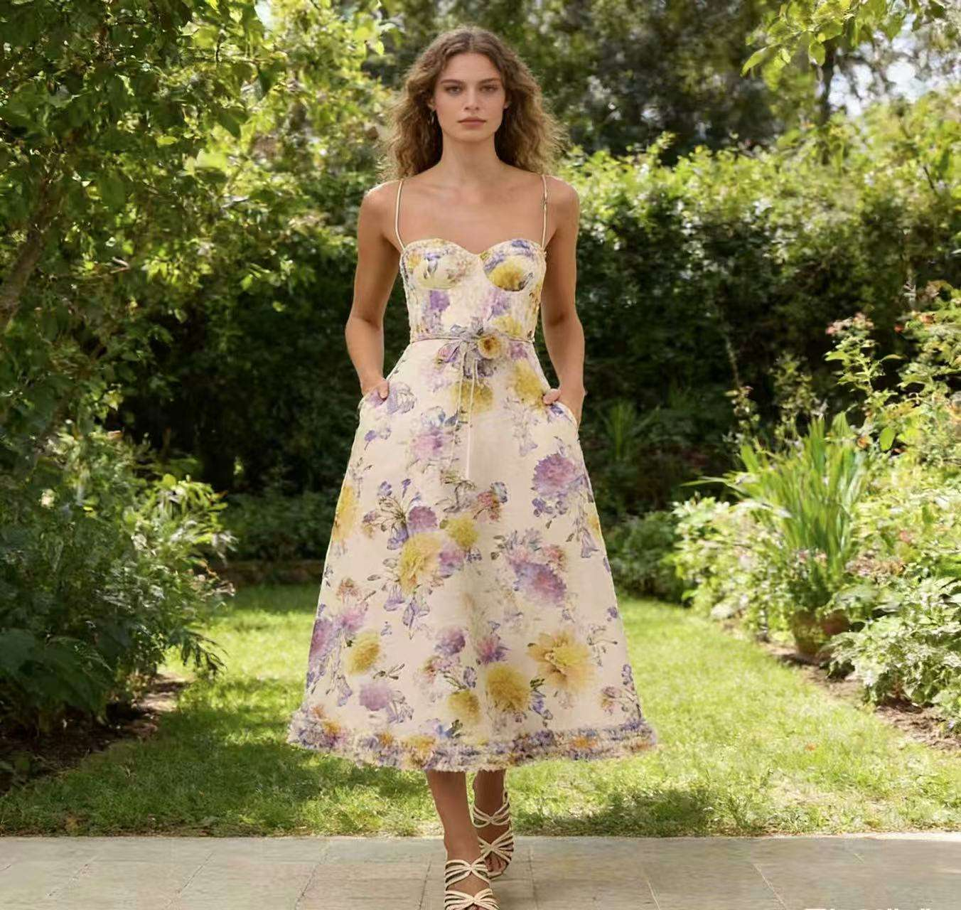 Vintage Floral Skirt High Waist Midi Dress