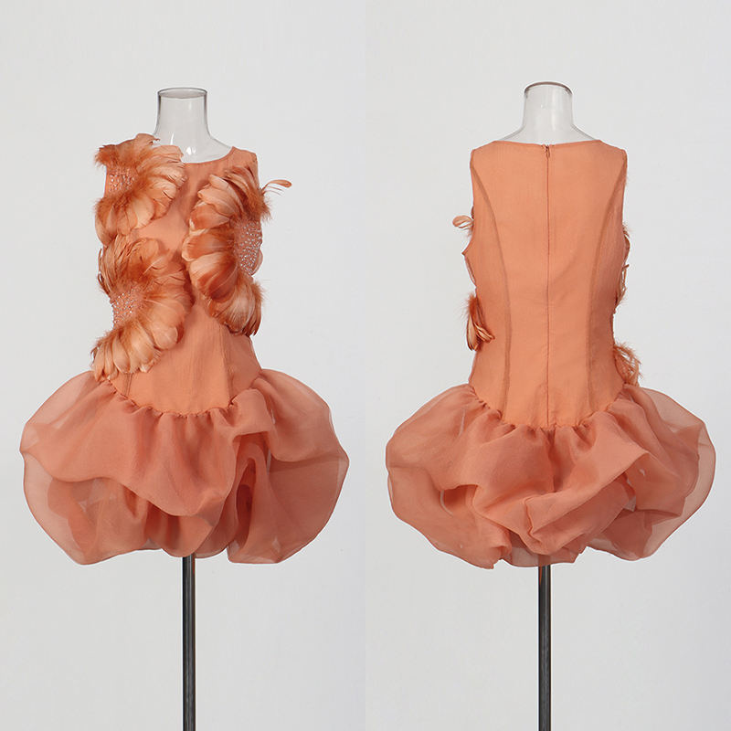 Chic Tangerine Feather Embellished Mini Dress Women Sleeveless Beaded Tulle Puff Ball Ruffle Party Dress 10PCS 147